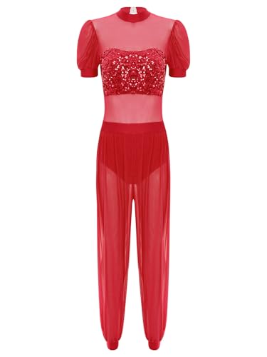 TiaoBug Damen Bauchtanz Kostüm Kurzarm Jumpsuit Mesh Pailletten Overall mit Weite Hose Beinschlitz Prinzessin Halloween Cosplay Outfits Rot XXL von TiaoBug