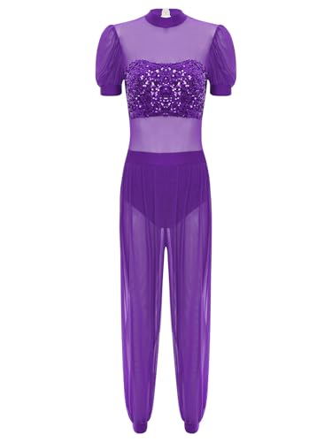 TiaoBug Damen Bauchtanz Kostüm Kurzarm Jumpsuit Mesh Pailletten Overall mit Weite Hose Beinschlitz Prinzessin Halloween Cosplay Outfits Violett XXL von TiaoBug