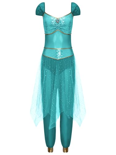 TiaoBug Damen Bauchtanz Kostüm Kurzarm Pailletten Top Drop Shoulder Shirt und Weites Bein Hose Arabische Prinzessin Tanzkostüm Halloween Kostüm Türkis XXL von TiaoBug
