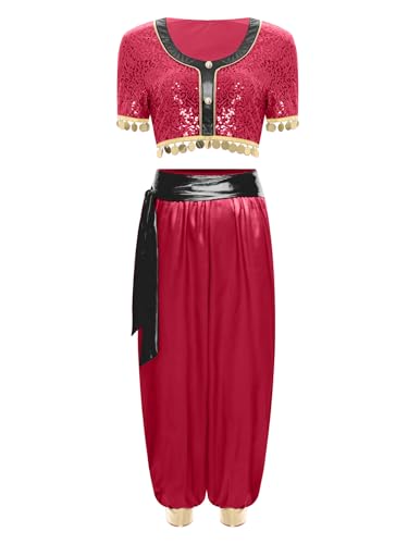 TiaoBug Damen Bauchtanz Kostüm Pailletten Tanzshirts Kurzarm Crop Top und Pumphose mit Münze Anhänger indische Prinzessin Tanz Kleidung Set Burgundy XXL TiaoBug Damen Bauchtanz Kostüm Pailletten Tanzshirts Kurzarm Crop Top und Pumphose mit Münze Anhänger indische Prinzessin Tanz Kleidung Set Burgundy XXL von TiaoBug