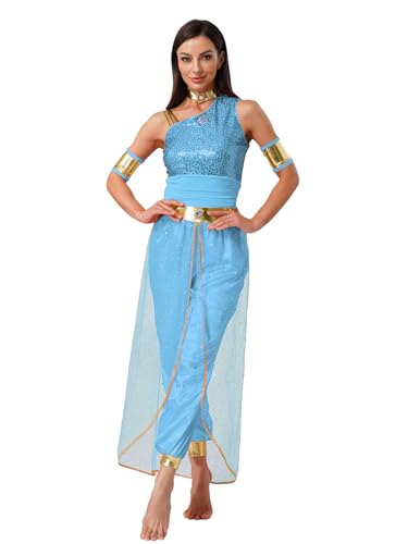 TiaoBug Damen Bauchtanz Kostüm Pailletten Top und Weites Bein Hose mit Metallic Armbändern Arabische Prinzessin Tanzkostüm Halloween Cosplay Outfits Himmelblau 4XL von TiaoBug