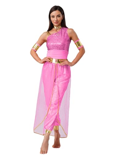TiaoBug Damen Bauchtanz Kostüm Pailletten Top und Weites Bein Hose mit Metallic Armbändern Arabische Prinzessin Tanzkostüm Halloween Cosplay Outfits Knalliges Pink XL von TiaoBug