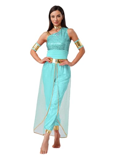 TiaoBug Damen Bauchtanz Kostüm Pailletten Top und Weites Bein Hose mit Metallic Armbändern Arabische Prinzessin Tanzkostüm Halloween Cosplay Outfits Mintgrün M von TiaoBug