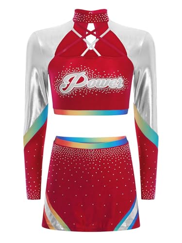 TiaoBug Damen Cheer Leaders Kostüm Langarm Crop Top Metallic Farbblock Tanzshirts und Bodycon Rock Schulmädchen Uniform Halloween Outfits Burgundy XXL TiaoBug Damen Cheer Leaders Kostüm Langarm Crop Top Metallic Farbblock Tanzshirts und Bodycon Rock Schulmädchen Uniform Halloween Outfits Burgundy XXL von TiaoBug