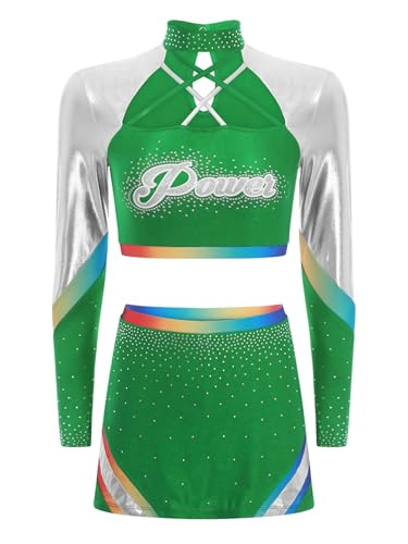 TiaoBug Damen Cheer Leaders Kostüm Langarm Crop Top Metallic Farbblock Tanzshirts und Bodycon Rock Schulmädchen Uniform Halloween Outfits Grün XXL TiaoBug Damen Cheer Leaders Kostüm Langarm Crop Top Metallic Farbblock Tanzshirts und Bodycon Rock Schulmädchen Uniform Halloween Outfits Grün XXL von TiaoBug