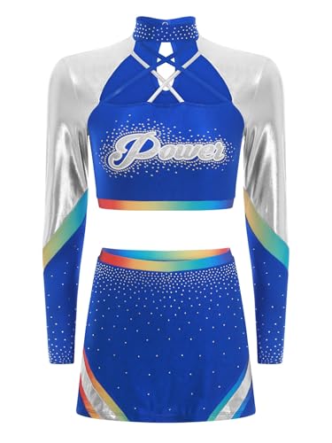 TiaoBug Damen Cheer Leaders Kostüm Langarm Crop Top Metallic Farbblock Tanzshirts und Bodycon Rock Schulmädchen Uniform Halloween Outfits Königsblau XXL TiaoBug Damen Cheer Leaders Kostüm Langarm Crop Top Metallic Farbblock Tanzshirts und Bodycon Rock Schulmädchen Uniform Halloween Outfits Königsblau XXL von TiaoBug