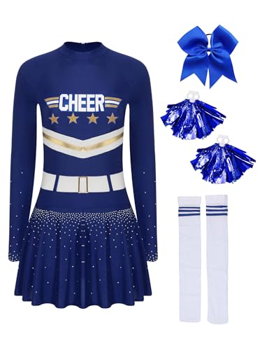 TiaoBug Damen Cheerlead Kostüm Langarm Tanzkleid mit 3D Druck Gürtel Cheer Buchstaben Sportkleid mit Pompoms Sport Knistrümpfe Haargummi Party Outfits Dunkelblau M TiaoBug Damen Cheerlead Kostüm Langarm Tanzkleid mit 3D Druck Gürtel Cheer Buchstaben Sportkleid mit Pompoms Sport Knistrümpfe Haargummi Party Outfits Dunkelblau M von TiaoBug