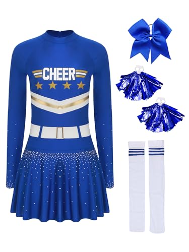 TiaoBug Damen Cheerlead Kostüm Langarm Tanzkleid mit 3D Druck Gürtel Cheer Buchstaben Sportkleid mit Pompoms Sport Knistrümpfe Haargummi Party Outfits Königsblau XXL TiaoBug Damen Cheerlead Kostüm Langarm Tanzkleid mit 3D Druck Gürtel Cheer Buchstaben Sportkleid mit Pompoms Sport Knistrümpfe Haargummi Party Outfits Königsblau XXL von TiaoBug