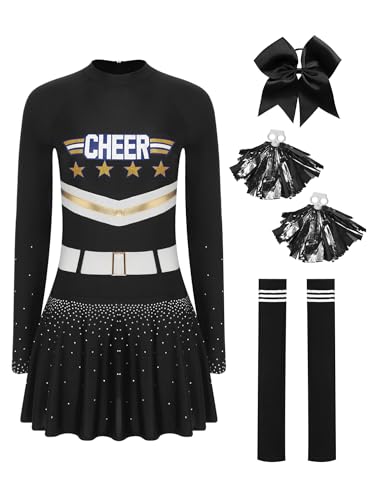 TiaoBug Damen Cheerlead Kostüm Langarm Tanzkleid mit 3D Druck Gürtel Cheer Buchstaben Sportkleid mit Pompoms Sport Knistrümpfe Haargummi Party Outfits Schwarz XXL TiaoBug Damen Cheerlead Kostüm Langarm Tanzkleid mit 3D Druck Gürtel Cheer Buchstaben Sportkleid mit Pompoms Sport Knistrümpfe Haargummi Party Outfits Schwarz XXL von TiaoBug