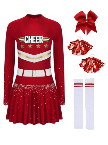 TiaoBug Damen Cheerlead Kostüm Langarm Tanzkleid mit 3D Druck Gürtel Cheer Buchstaben Sportkleid mit Pompoms Sport Knistrümpfe Haargummi Party Outfits Weinrot XXL TiaoBug Damen Cheerlead Kostüm Langarm Tanzkleid mit 3D Druck Gürtel Cheer Buchstaben Sportkleid mit Pompoms Sport Knistrümpfe Haargummi Party Outfits Weinrot XXL von TiaoBug