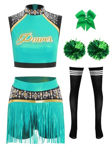 TiaoBug Damen Cheerleading Kostüm Schulmädchen Uniform Ärmelloses Crop Top und Hosenrock Fransenrock mit Kniestrümpfe Pompons Schleife Haargummi Cosplay Outfits Grün M von TiaoBug