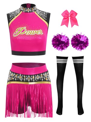 TiaoBug Damen Cheerleading Kostüm Schulmädchen Uniform Ärmelloses Crop Top und Hosenrock Fransenrock mit Kniestrümpfe Pompons Schleife Haargummi Cosplay Outfits Hot Pink L TiaoBug Damen Cheerleading Kostüm Schulmädchen Uniform Ärmelloses Crop Top und Hosenrock Fransenrock mit Kniestrümpfe Pompons Schleife Haargummi Cosplay Outfits Hot Pink L von TiaoBug