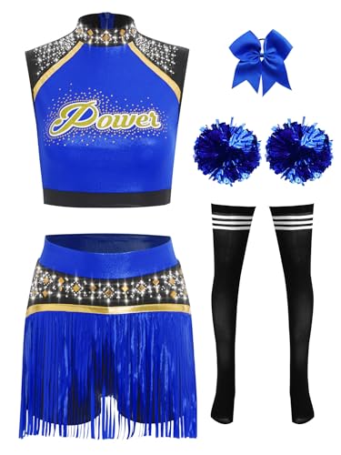 TiaoBug Damen Cheerleading Kostüm Schulmädchen Uniform Ärmelloses Crop Top und Hosenrock Fransenrock mit Kniestrümpfe Pompons Schleife Haargummi Cosplay Outfits Königsblau S von TiaoBug