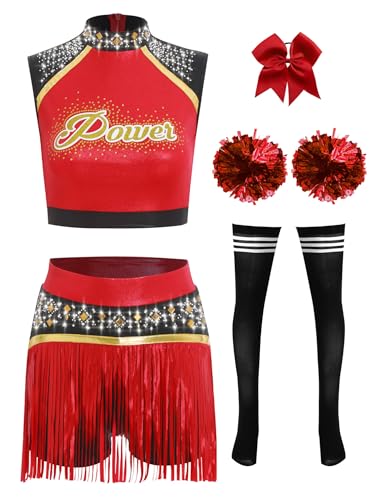 TiaoBug Damen Cheerleading Kostüm Schulmädchen Uniform Ärmelloses Crop Top und Hosenrock Fransenrock mit Kniestrümpfe Pompons Schleife Haargummi Cosplay Outfits Rot M von TiaoBug