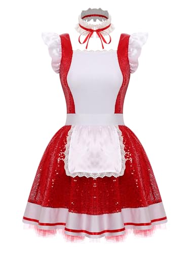 TiaoBug Damen Dienstmädchen Kostüm Gothic Uniformen Pailetten Kleid mit Halsband Schürze Anime Manga Figur Halloween Fasching Cosplay Outfits Rot XL von TiaoBug