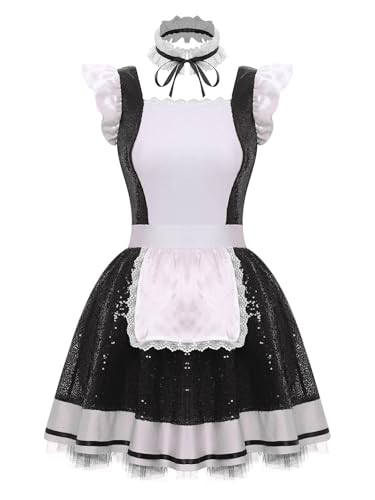 TiaoBug Damen Dienstmädchen Kostüm Gothic Uniformen Pailetten Kleid mit Halsband Schürze Anime Manga Figur Halloween Fasching Cosplay Outfits Schwarz XXL von TiaoBug