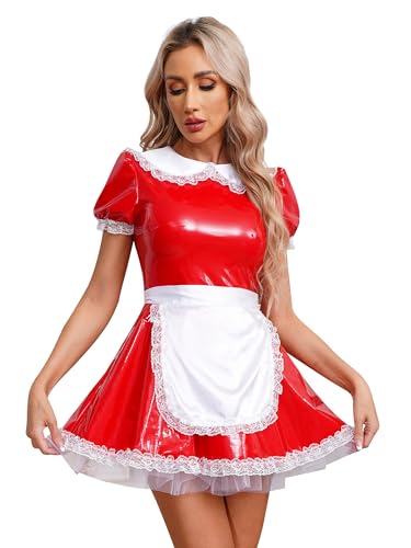 TiaoBug Damen Dienstmädchen Kostüm Wetlook Dessous Set Lack Leder Reizwäsche Mini Kleider + Satin Schürze Halloween Cosplay Outfits Rot K 3XL von TiaoBug
