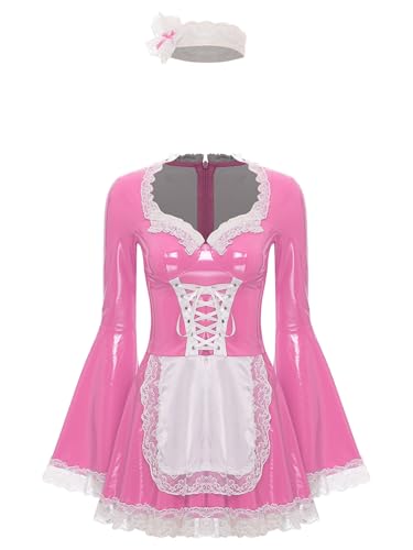 TiaoBug Damen Dienstmädchen Kostüm Wetlook Lack Leder Kleider + Satin Schürze + Spitzen Stirnband Halloween French Maid Cosplay Uniform Gogo Outfits Rosa XXL von TiaoBug