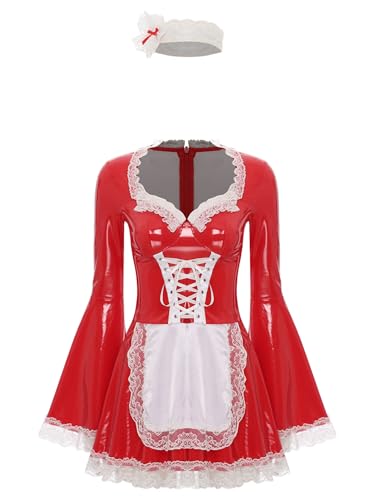 TiaoBug Damen Dienstmädchen Kostüm Wetlook Lack Leder Kleider + Satin Schürze + Spitzen Stirnband Halloween French Maid Cosplay Uniform Gogo Outfits Rot S von TiaoBug
