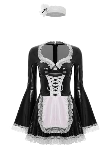 TiaoBug Damen Dienstmädchen Kostüm Wetlook Lack Leder Kleider + Satin Schürze + Spitzen Stirnband Halloween French Maid Cosplay Uniform Gogo Outfits Schwarz L TiaoBug Damen Dienstmädchen Kostüm Wetlook Lack Leder Kleider + Satin Schürze + Spitzen Stirnband Halloween French Maid Cosplay Uniform Gogo Outfits Schwarz L von TiaoBug
