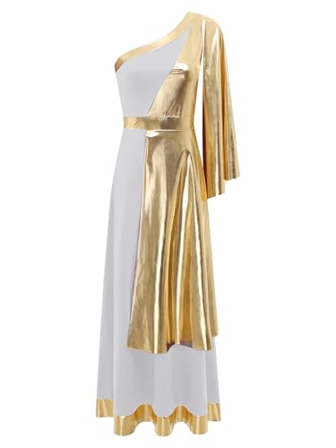TiaoBug Damen Festliches Kleid Metallic Weihnachtsengel Kostüm Griechische Göttin Göttinnen Midikleider Karneval Halloween Fasching Verkleidung gr. S-XXL Weiß XL von TiaoBug