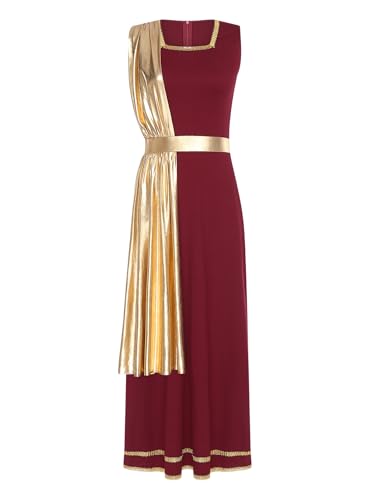 TiaoBug Damen Festliches Kleid Weihnachtsengel Kostüm Metallic Partykleider Griechische Göttin Karneval Halloween Fasching Verkleidung gr. S-XXL Weinrot XXL von TiaoBug