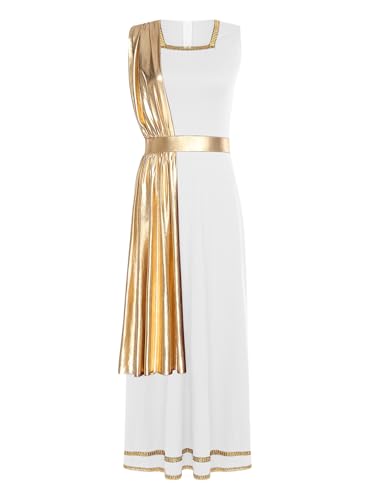 TiaoBug Damen Festliches Kleid Weihnachtsengel Kostüm Metallic Partykleider Griechische Göttin Karneval Halloween Fasching Verkleidung gr. S-XXL Weiß Gold XXL von TiaoBug