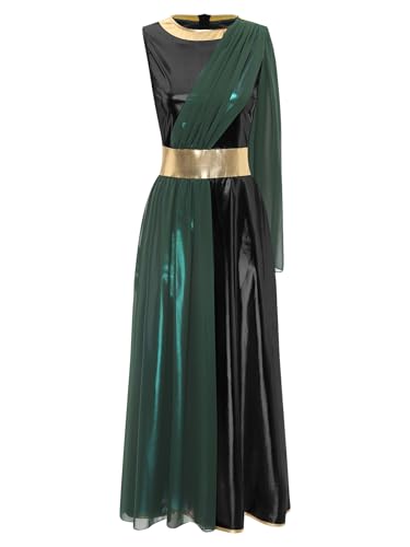 TiaoBug Damen Festliches Kleid mit Chiffon Umschlagtuch Weihnachtsengel Kostüm Lack Leder Partykleider Griechische Göttin Midikleid Halloween Fasching Verkleidung gr. S-4XL Schwarz M von TiaoBug