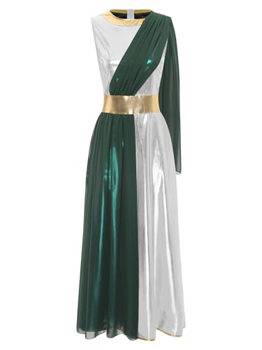 TiaoBug Damen Festliches Kleid mit Chiffon Umschlagtuch Weihnachtsengel Kostüm Lack Leder Partykleider Griechische Göttin Midikleid Halloween Fasching Verkleidung gr. S-4XL Silber 3XL von TiaoBug