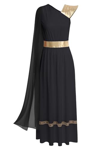 TiaoBug Damen Festliches Römerin Kleid Metallic Farbblock Midikleider Partykleider Griechische Göttin Toga Kostüm Karneval Halloween Fasching Verkleidung Schwarz M von TiaoBug