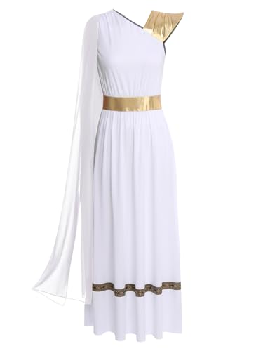 TiaoBug Damen Festliches Römerin Kleid Metallic Farbblock Midikleider Partykleider Griechische Göttin Toga Kostüm Karneval Halloween Fasching Verkleidung Weiß XXL von TiaoBug