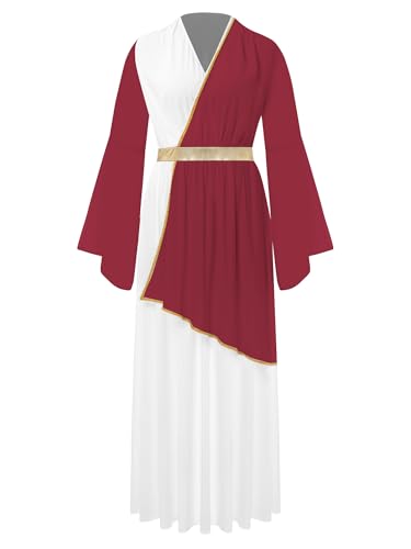 TiaoBug Damen Festliches Weihnachtsengel Kleid Farbblock Midikleider Partykleider Griechische Göttin Kostüm Karneval Halloween Fasching Verkleidung gr. S-3XL Burgundy XXL von TiaoBug