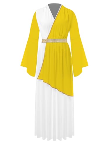 TiaoBug Damen Festliches Weihnachtsengel Kleid Farbblock Midikleider Partykleider Griechische Göttin Kostüm Karneval Halloween Fasching Verkleidung gr. S-3XL Gelb XXL von TiaoBug