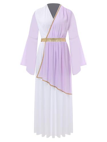 TiaoBug Damen Festliches Weihnachtsengel Kleid Farbblock Midikleider Partykleider Griechische Göttin Kostüm Karneval Halloween Fasching Verkleidung gr. S-3XL Lavendel M von TiaoBug