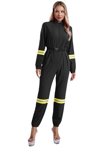 TiaoBug Damen Feuerwehrmann Kostüm Feuerwehr Uniformen Ganzkörperanzug Langarm Jumpsuit Overall mit Gürtel Firefighter Halloween Cosplay Outfits Schwarz 3XL von TiaoBug