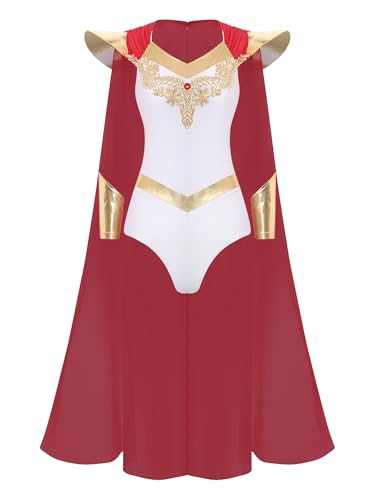 TiaoBug Damen Göttin Kostüm Heldin Body mit Metallic Spleiß Kurzarm Tanzbody + Lack Leder Ärmbänder Halloween Fasching Karneval Outfits Rot XL von TiaoBug