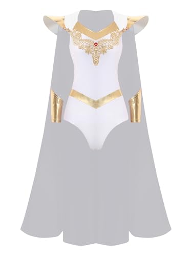 TiaoBug Damen Göttin Heldin Kostüm Metallic Spleiß Body Kurzarm Tanzbody mit Umhang + Lack Leder Ärmbänder Halloween Fasching Karneval Outfits Weiß S von TiaoBug
