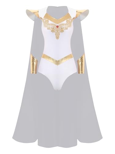 TiaoBug Damen Göttin Kostüm Heldin Body mit Metallic Spleiß Kurzarm Tanzbody + Lack Leder Ärmbänder Halloween Fasching Karneval Outfits Weiß XXL von TiaoBug
