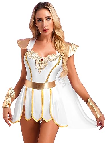 TiaoBug Damen Griechische Göttin Kostüm Ein-Schulter Toga Kleid mit Metallic Gürtel und Kopfband Mottoparty Outfits Weiß B L von TiaoBug