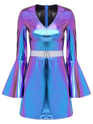 TiaoBug Damen Hippie Kostüm 70er Jahre Disco Outfits Langarm Wetlook Tanzkleider Lack Leder Tunika Glockenärmel Shirtkleid V Ausschnitt Minikleid Blau L TiaoBug Damen Hippie Kostüm 70er Jahre Disco Outfits Langarm Wetlook Tanzkleider Lack Leder Tunika Glockenärmel Shirtkleid V Ausschnitt Minikleid Blau L von TiaoBug