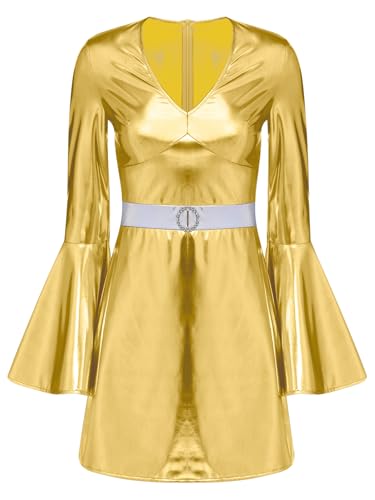 TiaoBug Damen Hippie Kostüm 70er Jahre Disco Outfits Langarm Wetlook Tanzkleider Lack Leder Tunika Glockenärmel Shirtkleid V Ausschnitt Minikleid Gold XXL von TiaoBug