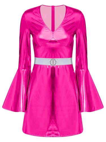 TiaoBug Damen Hippie Kostüm 70er Jahre Disco Outfits Langarm Wetlook Tanzkleider Lack Leder Tunika Glockenärmel Shirtkleid V Ausschnitt Minikleid Hot Pink L von TiaoBug
