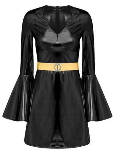TiaoBug Damen Hippie Kostüm 70er Jahre Disco Outfits Langarm Wetlook Tanzkleider Lack Leder Tunika Glockenärmel Shirtkleid V Ausschnitt Minikleid Schwarz XXL von TiaoBug