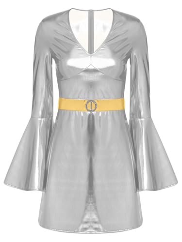 TiaoBug Damen Hippie Kostüm 70er Jahre Disco Outfits Langarm Wetlook Tanzkleider Lack Leder Tunika Glockenärmel Shirtkleid V Ausschnitt Minikleid Silber XXL von TiaoBug