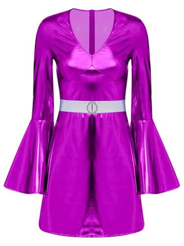 TiaoBug Damen Hippie Kostüm 70er Jahre Disco Outfits Langarm Wetlook Tanzkleider Lack Leder Tunika Glockenärmel Shirtkleid V Ausschnitt Minikleid Violett XL von TiaoBug