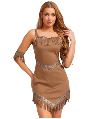 TiaoBug Damen Indianerin Kostüm Wildleder Hippie Kleid mit Fransen Armstulpen Western Cowboy Cowgirl Cosplay Verkleidung Halloween Outfits Braun A XXL TiaoBug Damen Indianerin Kostüm Wildleder Hippie Kleid mit Fransen Armstulpen Western Cowboy Cowgirl Cosplay Verkleidung Halloween Outfits Braun A XXL von TiaoBug
