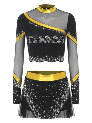 TiaoBug Damen Mädchen Cheer Leaderin Kostüm Langarm Crop Top und Rock Mesh Spleiß Glitzer Schulmädchen Schule Uniform Halloween Cosplay Outfits Gold XXL von TiaoBug
