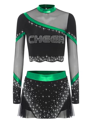 TiaoBug Damen Mädchen Cheer Leaderin Kostüm Langarm Crop Top und Rock Mesh Spleiß Glitzer Schulmädchen Schule Uniform Halloween Cosplay Outfits Grün XXL von TiaoBug