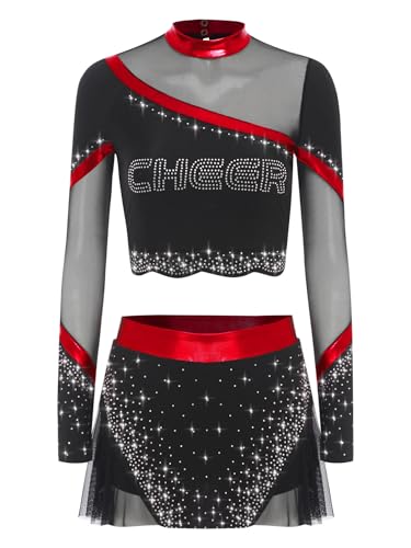 TiaoBug Damen Mädchen Cheer Leaderin Kostüm Langarm Crop Top und Rock Mesh Spleiß Glitzer Schulmädchen Schule Uniform Halloween Cosplay Outfits Rot XXL von TiaoBug