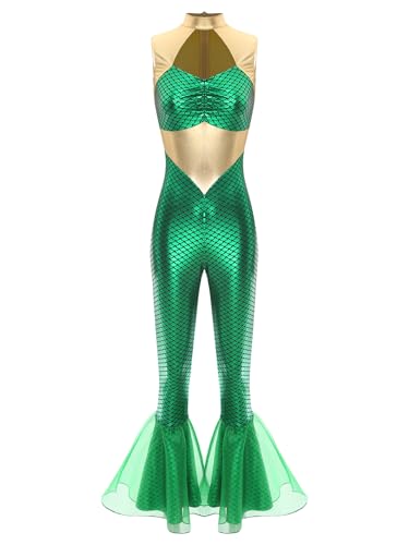 TiaoBug Damen Meerjungfrau Jumpsuit Wetlook Overall Fisch Schuppen Print Body Ärmellos Rollkragen Tops und Skinny Fit Hose Leggings mit Schlag Einteiler Cosplay Kostüm Grün 3XL von TiaoBug